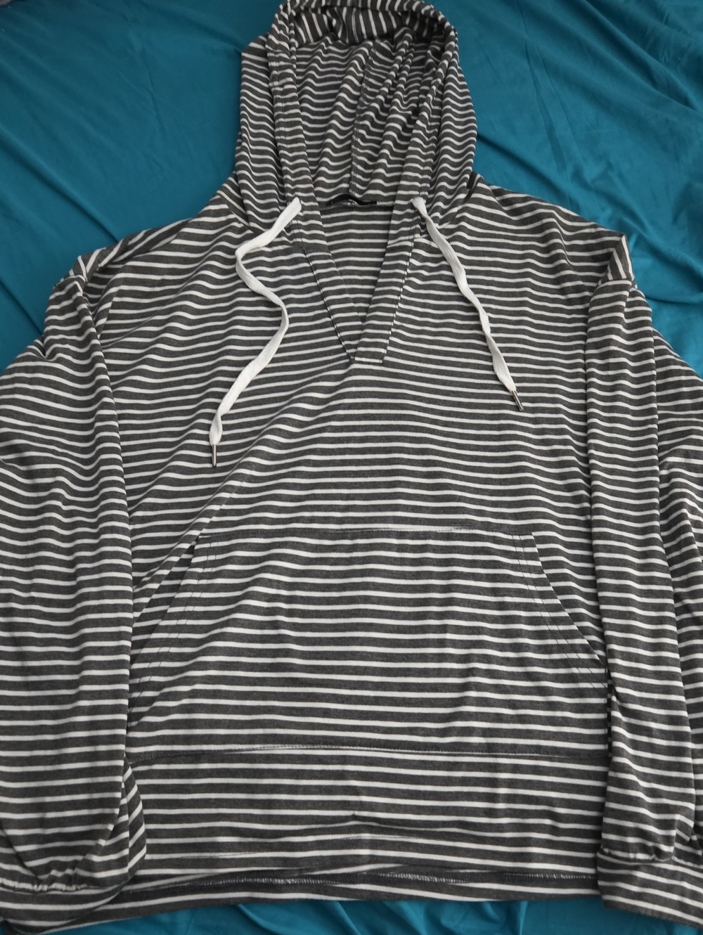 Womens Striped Hooded Pullover Shirt - Gray & White XL